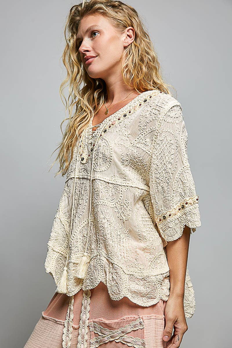 Short Sleeve Adjustable Drawstring Crochet V Neck Top