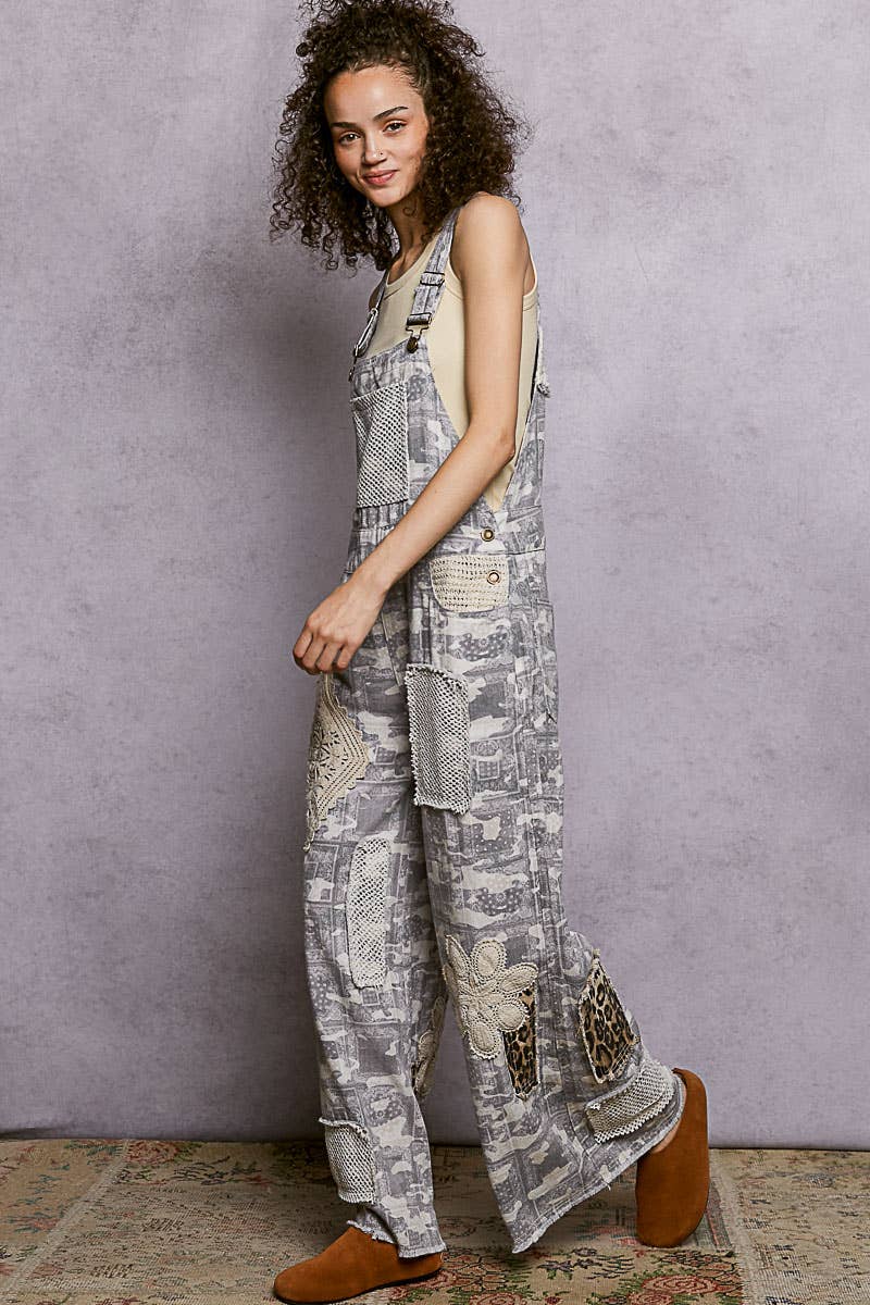Crochet Contrast Patch Detail Chest Pocket Woven Overalls