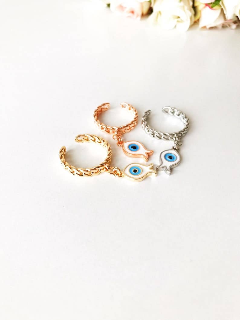 Evil Eye Adjustable Ring Fish or Heart Charm
