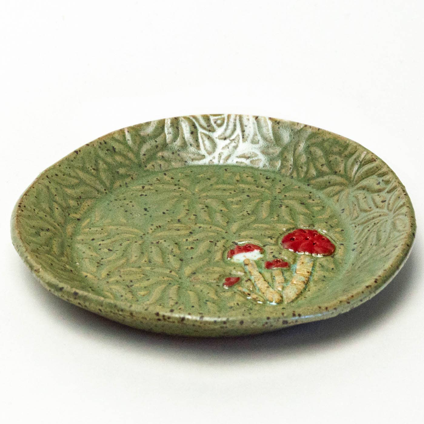 Mushroom Pattern Green Stoneware Round Trinket Dish Handmade