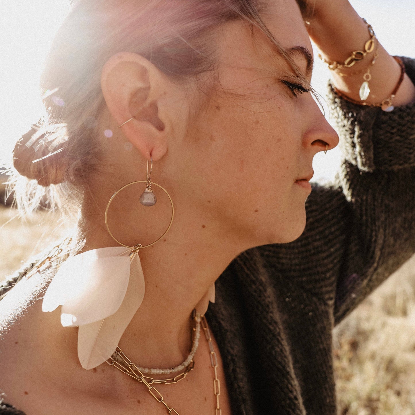 Hoop & Stone Feather Earrings: Brass With Stones