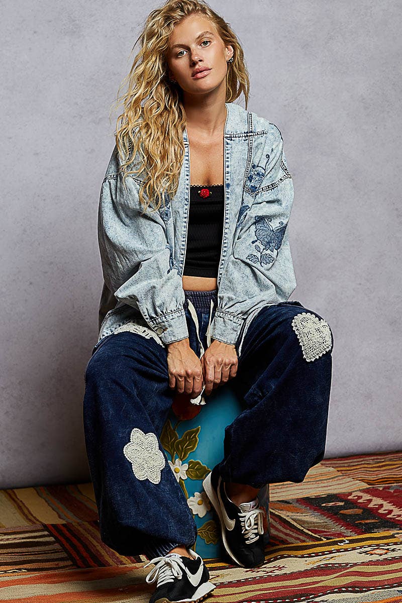 Vintage washing solid embroidery denim woven cardigan jacket