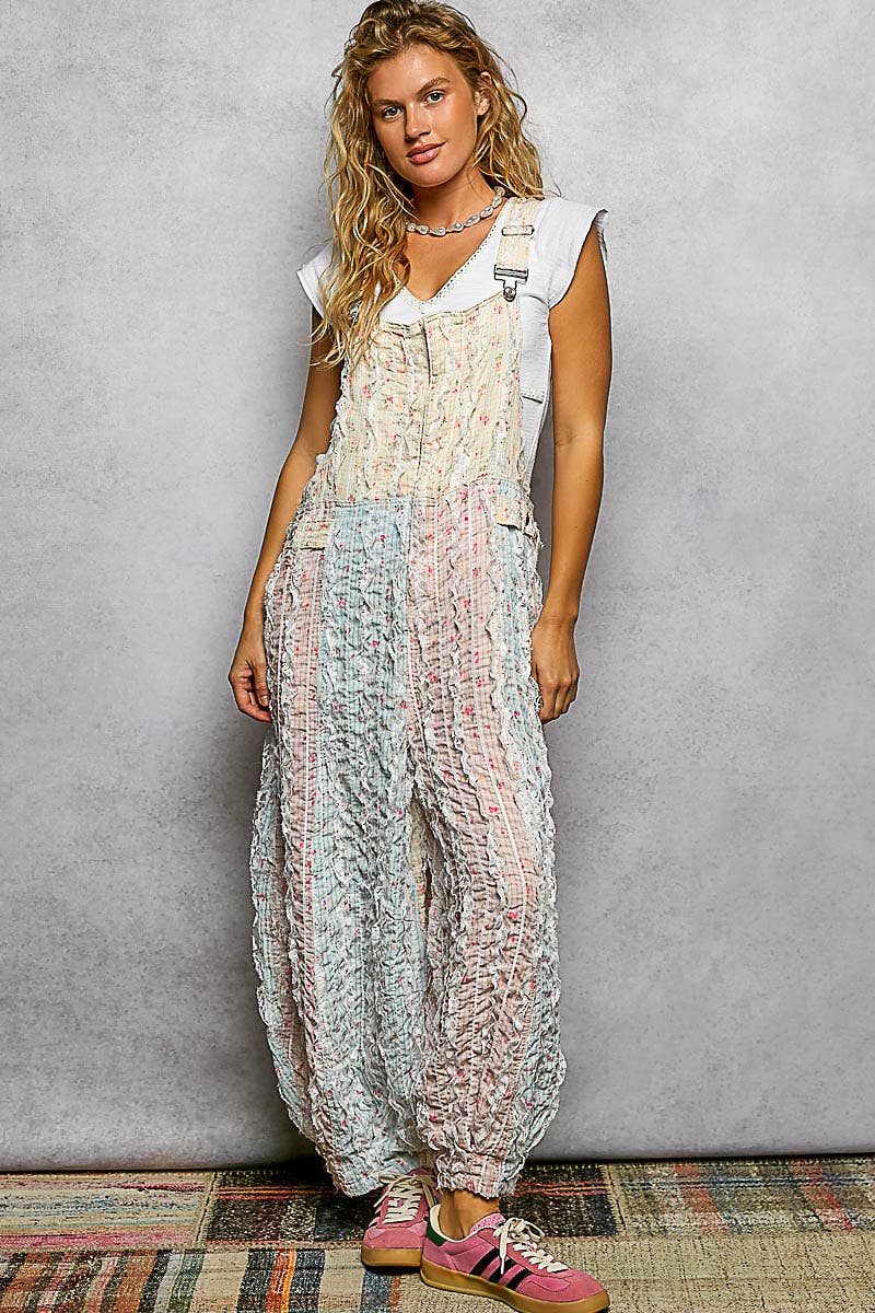 Boho Floral Print Lace Trim Woven Front Zip Overall