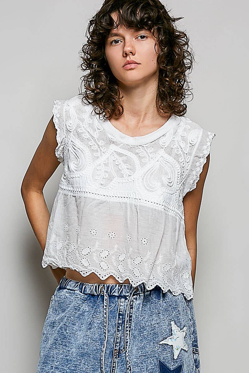 Round Neck Sleeveless Zigzag Border Detail Crochet Top