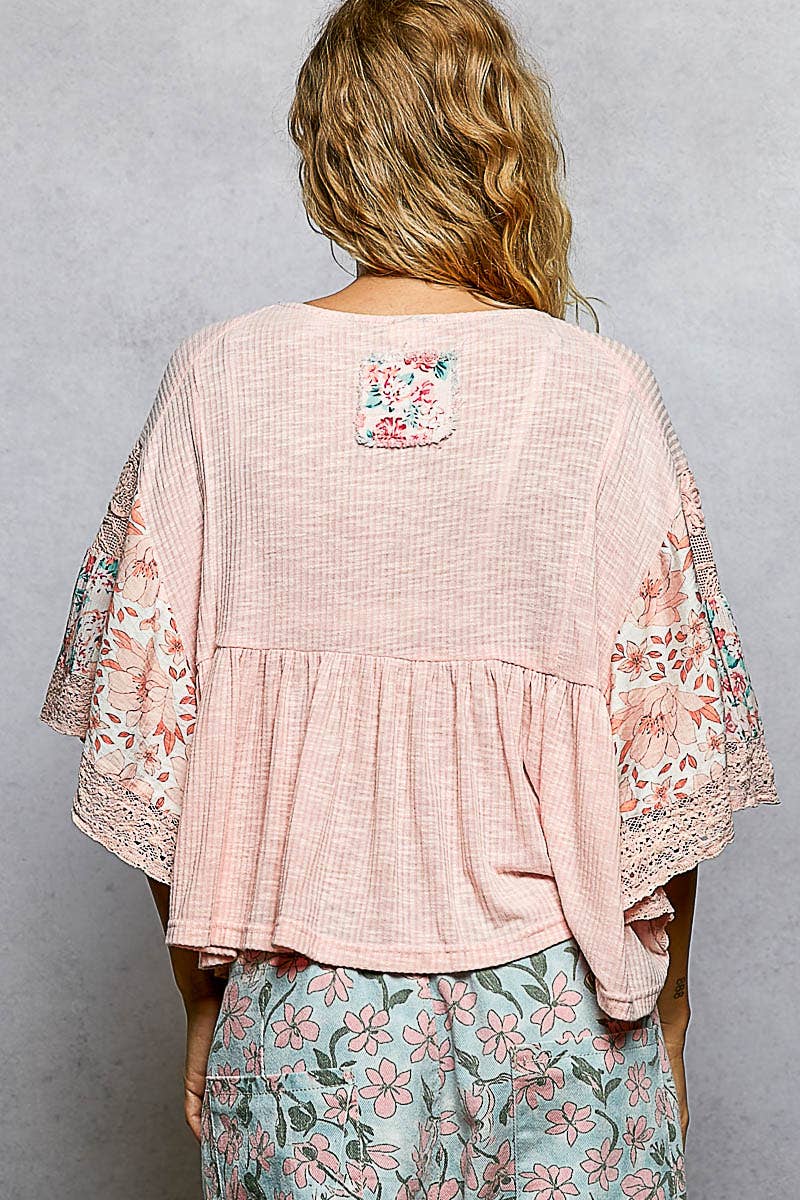 Rib Floral Pattern Round Neck Short Sleeve Top