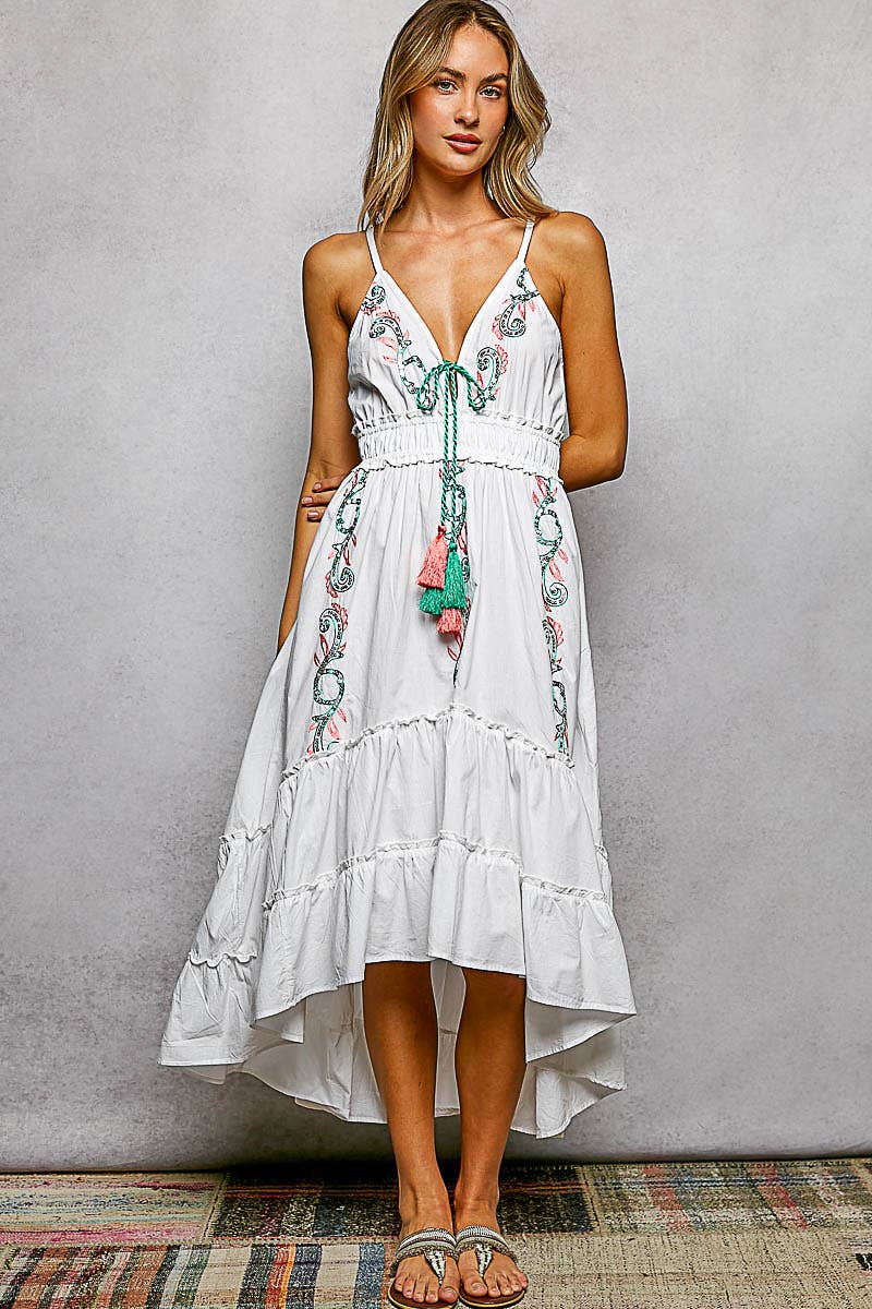 V-Neck Sleeveless Embroidery Tiered Cotton Dress