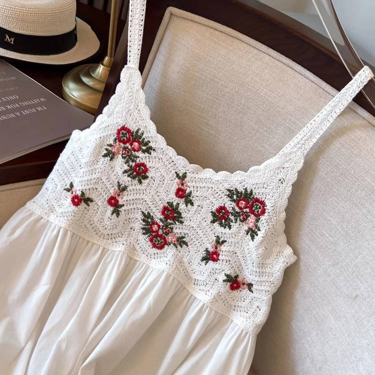 Crosa - Crochet Lace Spaghetti Strap Dress: WHITE / AVERAGE