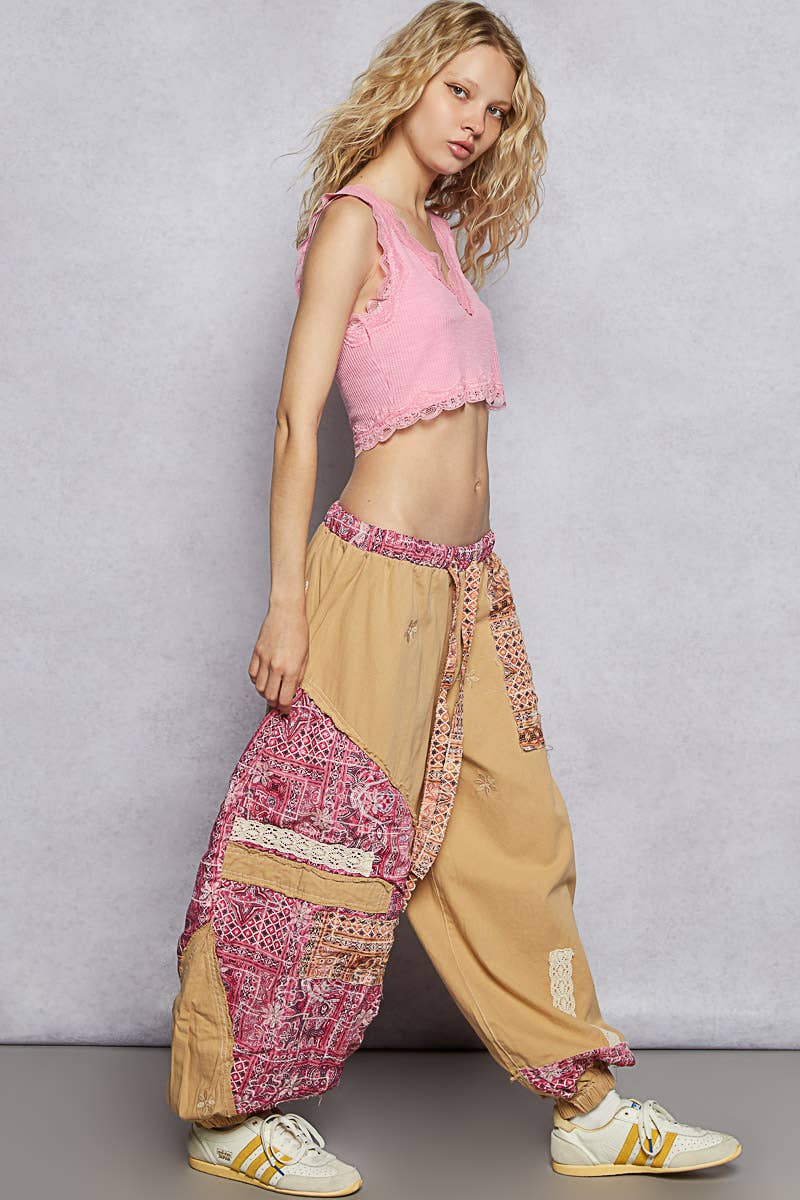 Floral print patchwork twill woven jogger pants