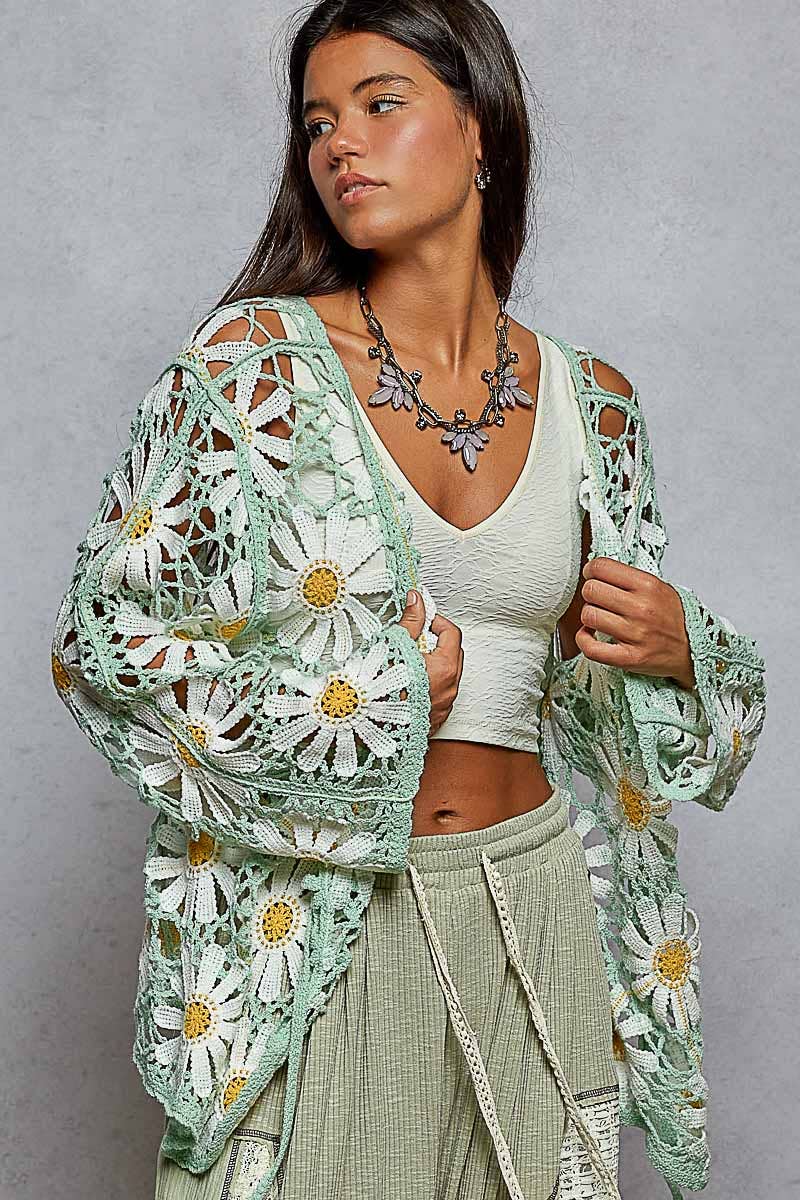 Long sleeve V neck crochet knit open cardigan
