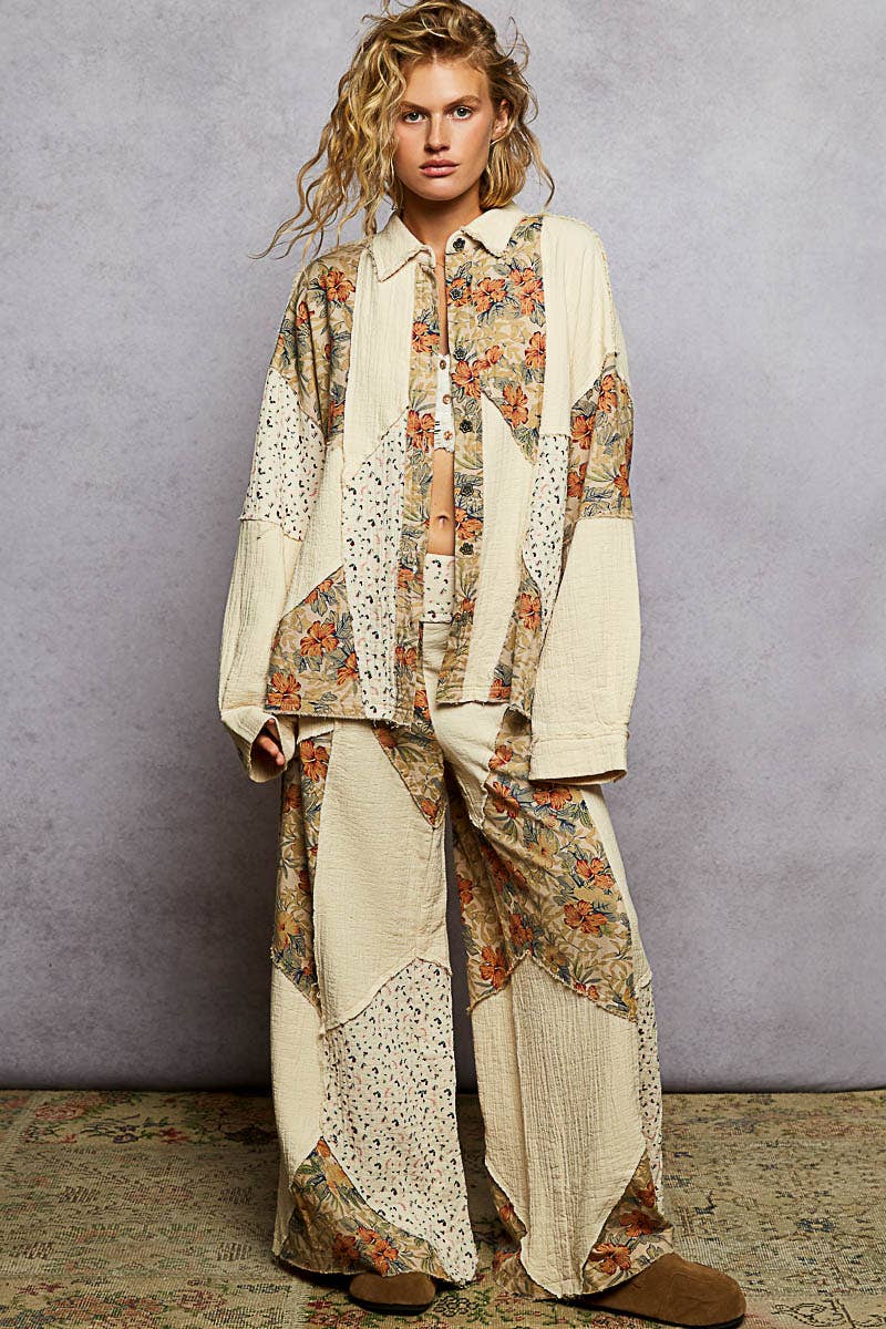 Double gauze varied printed patchwork woven pants: OLIVE or NATURAL