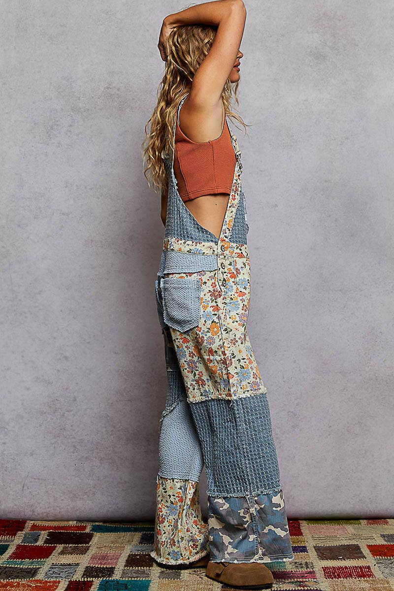 Overalls Animal/Floral Printed Frayed Edge Twill Woven overalls: DENIM S - L