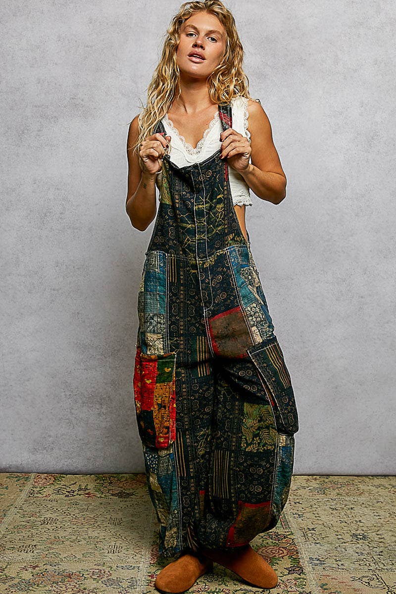 Boho Exaggerated Pocket Vintage Print Jogger Fit Overalls
