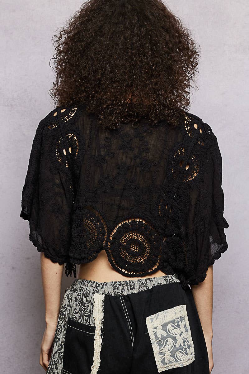 Scalloped knitted border Round Neck Crochet 3/4 Sleeve Top