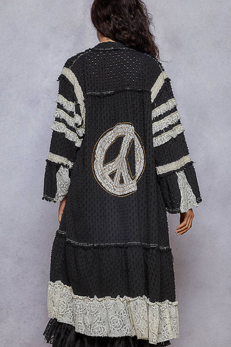 Vintage solid peace patch long cardigan woven top: Black