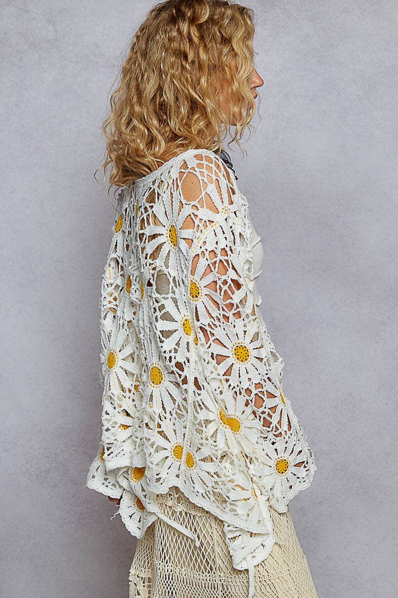 Long sleeve V neck crochet knit open cardigan