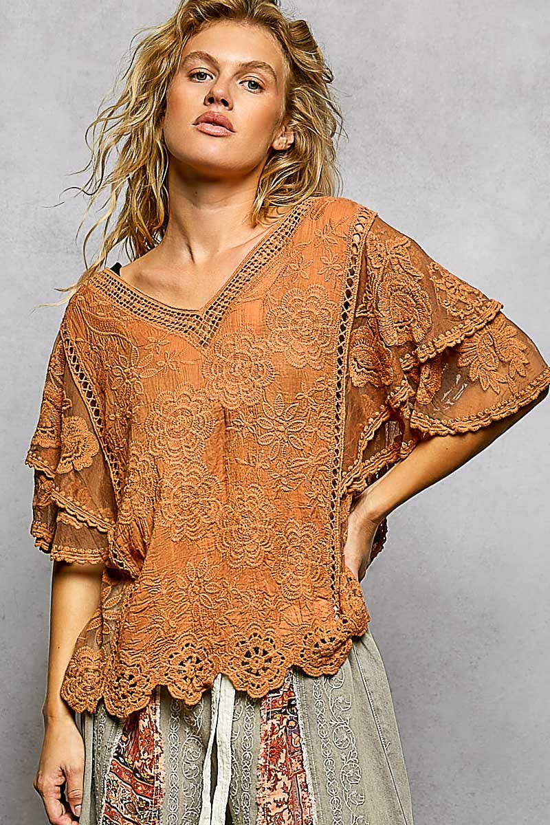 V-neck Short Sleeve Crochet Trim Solid Top