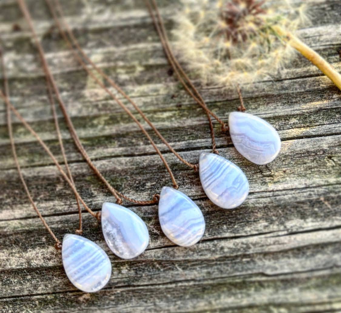 Blue Lace Agate Smooth Teardrop Cord Necklace : 16, 18, 20 inches