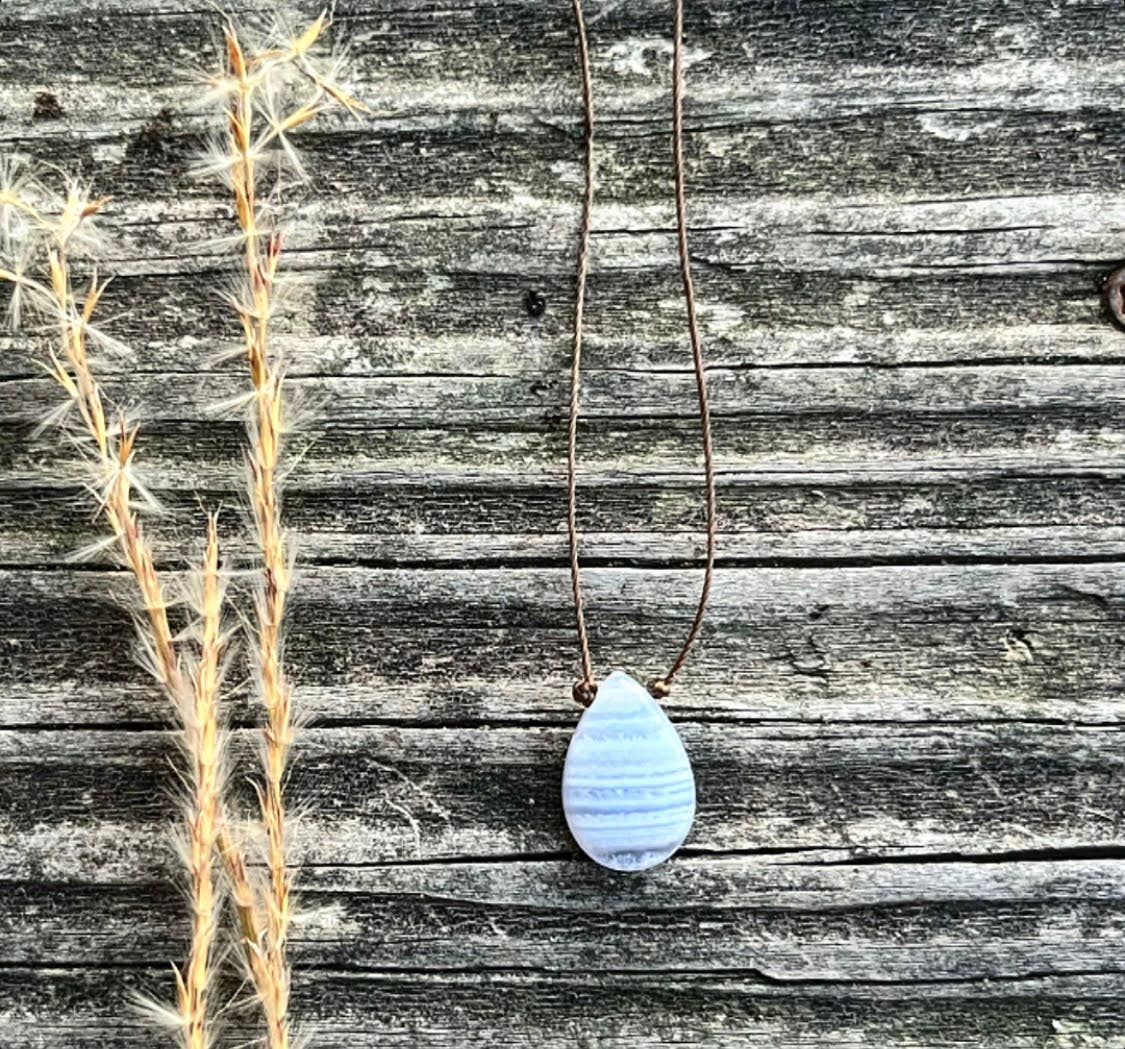 Blue Lace Agate Smooth Teardrop Cord Necklace : 16, 18, 20 inches