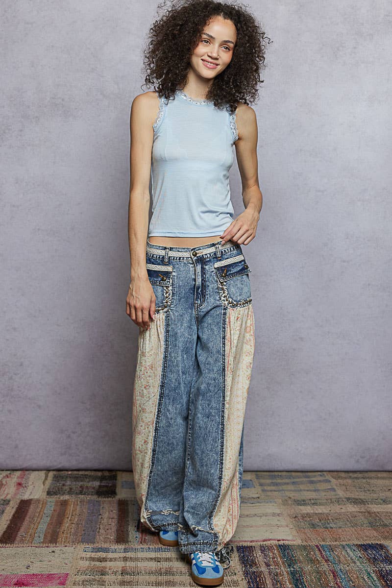Elastic band floral print patch stud detail jogger pants: Pink or Sage