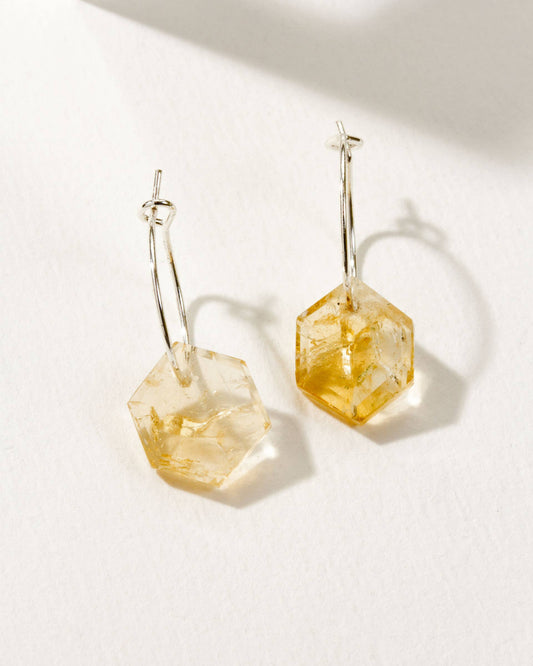 Sterling Silver Geometry Mini Hoop Earrings- Citrine
