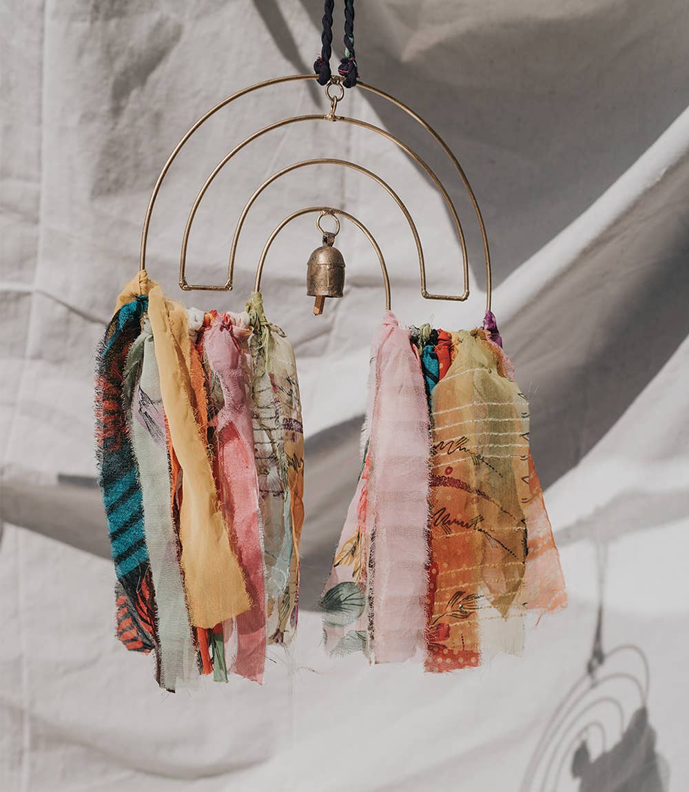 Swapna Rainbow Bell Wind Chime Upcycled Sari - Handmade