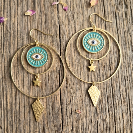 Gold Hammered Brass & Evil Eye Statement Earrings | Celestial Boho Jewelry