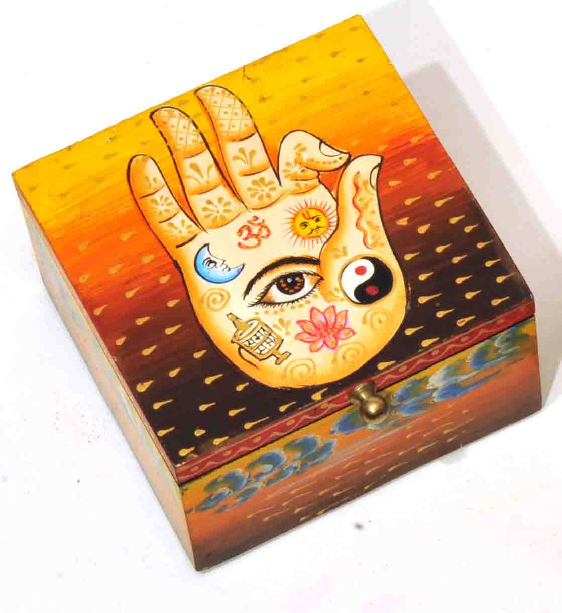 Hamsa Painted Wood Box: Wood / 5X5"