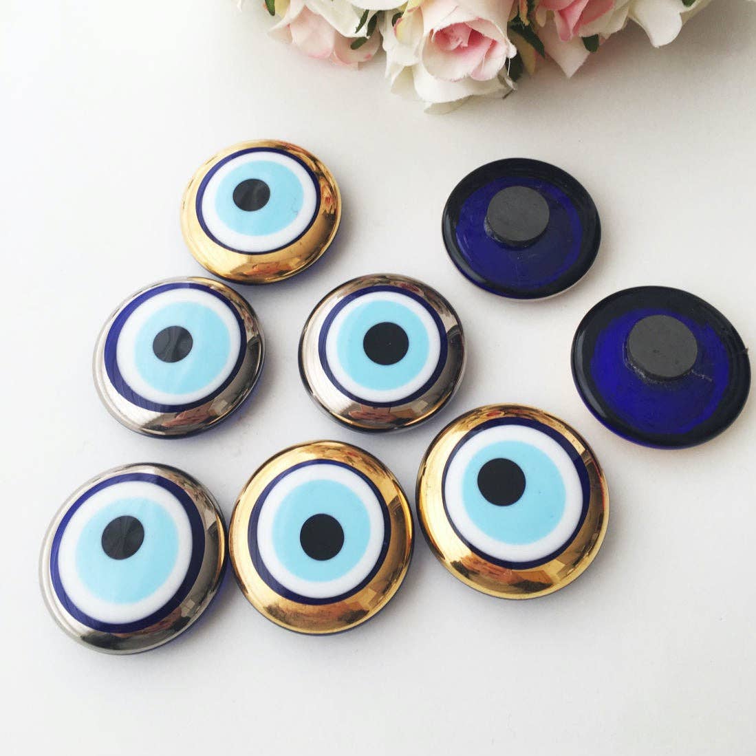 Glass evil eye magnet, gold and silver evil eye charm