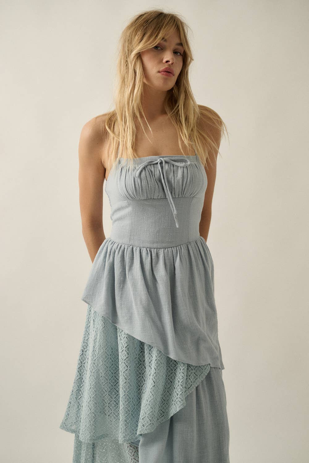 Cotton Gauze and Lace Asymmetrical Tiered Halter Maxi Dress