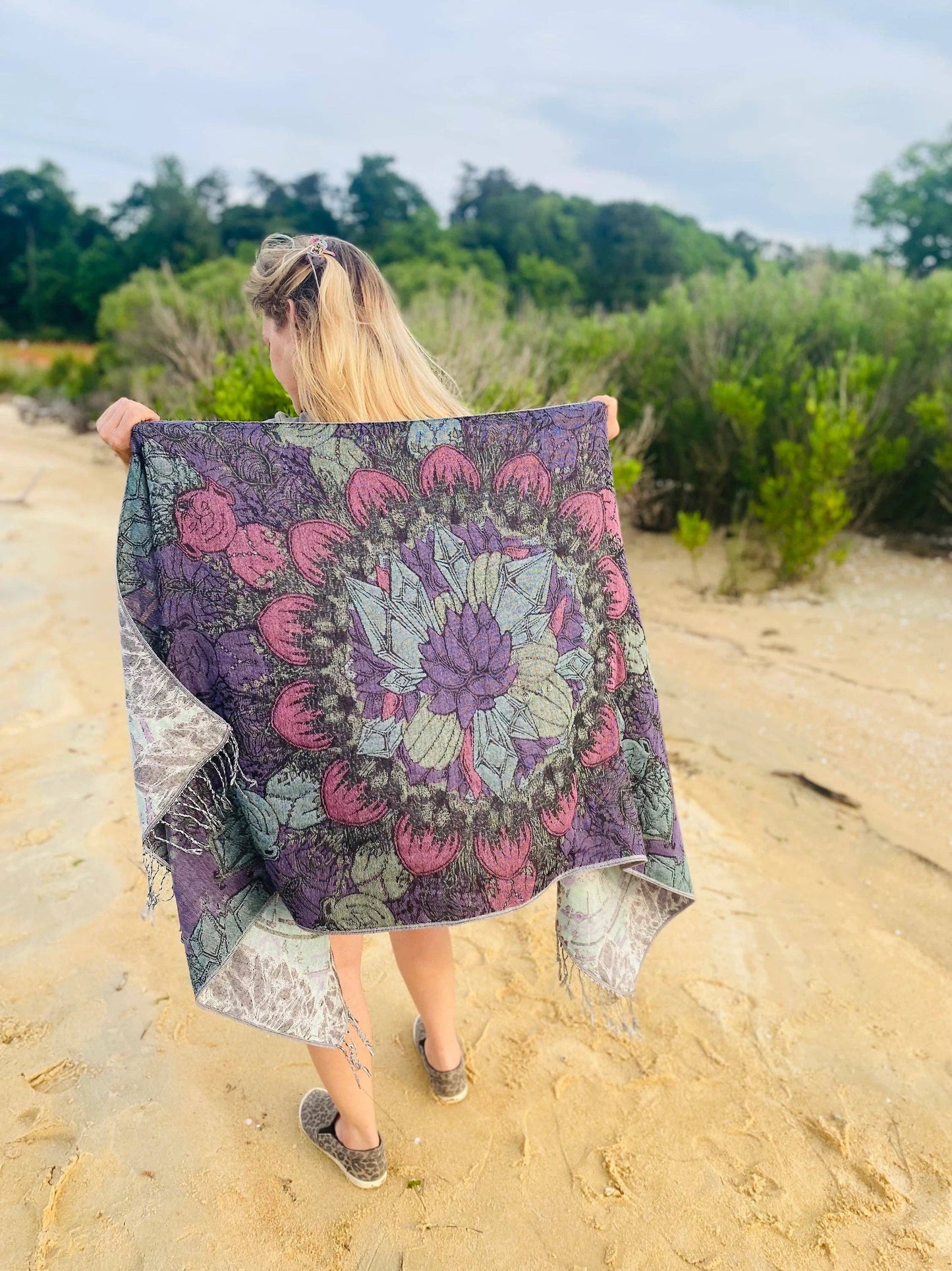 Pashminas- various designs – Double Ply Reversible Festival Fashion, Hand-Drawn Design by Melanie & Justin, Vibrant & 8” x 71”