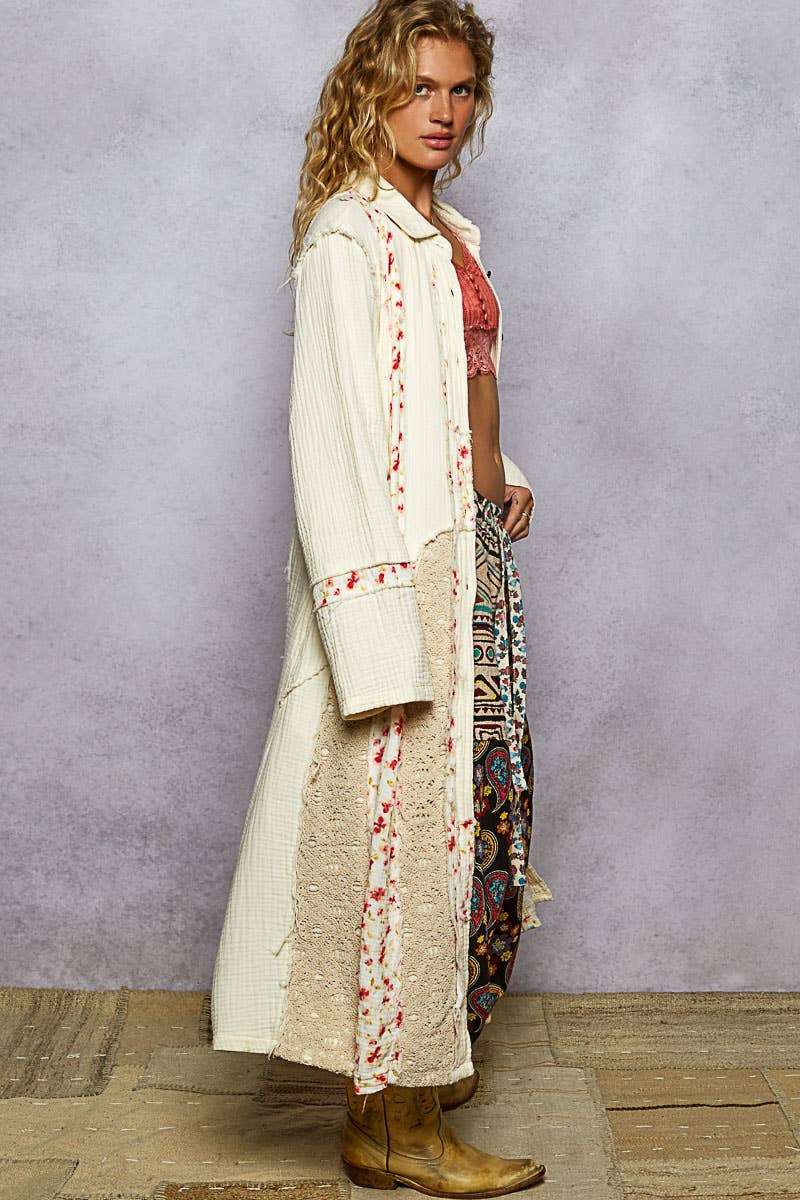 Long Sleeve Double Gauze Floral Patch Woven Long Jacket: NATURAL