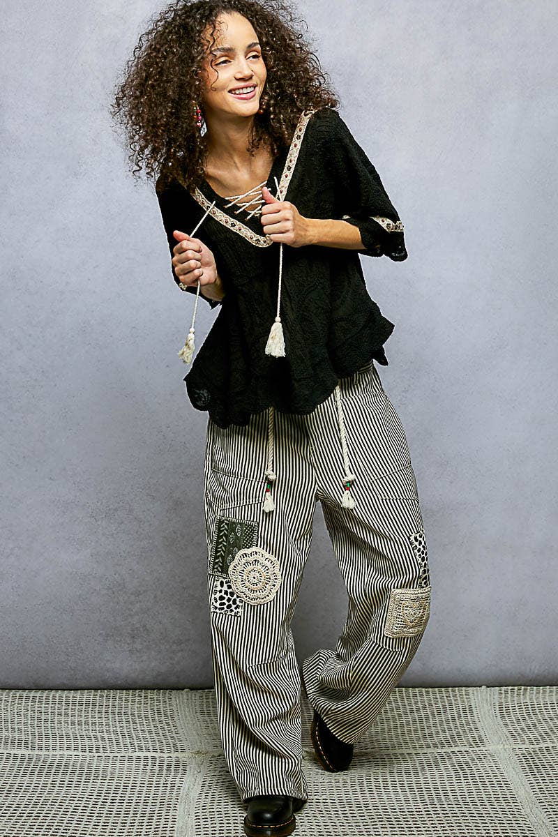 Short Sleeve Adjustable Drawstring Crochet V Neck Top