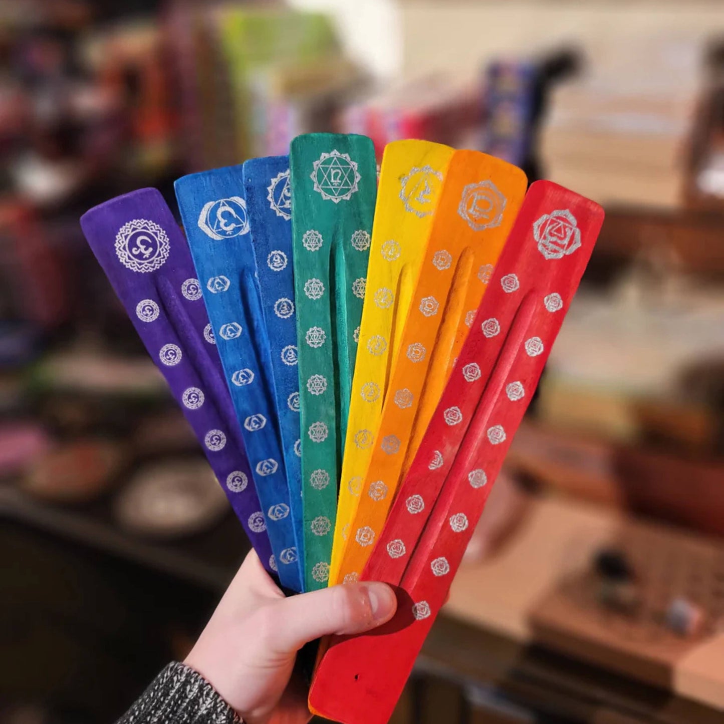 10" Wooden Incense Holders – Assorted Colors & Symbols