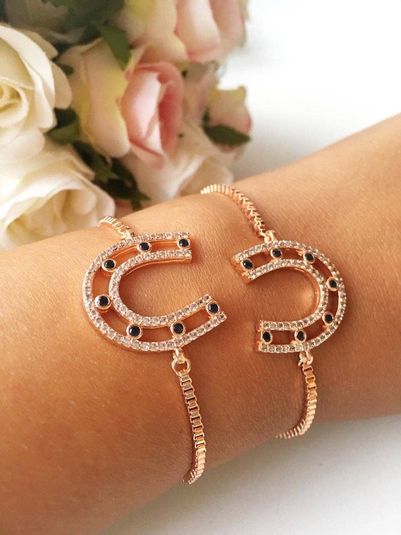 Horseshoe, Lucky Charm, Zircon and Rose Gold, Adjustable Bracelet