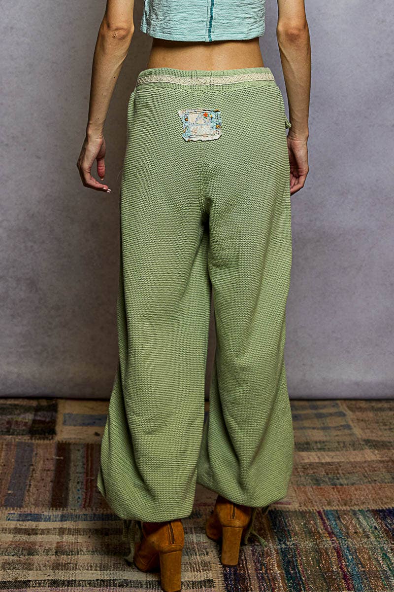 Elastic band floral print patch stud detail jogger pants: Pink or Sage