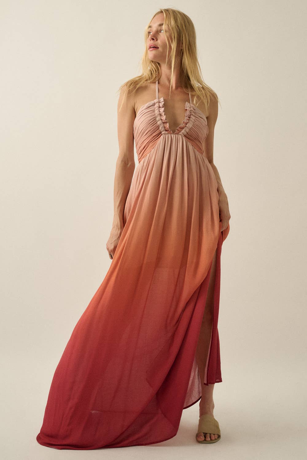 Ombre Crepe Tie-Back Halter Pocket Maxi Dress