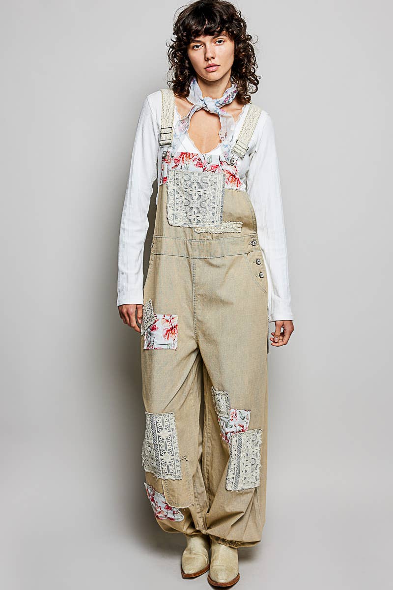 Printed Lace Patch Trim Strap Relaxed Fit Jogger Overall
