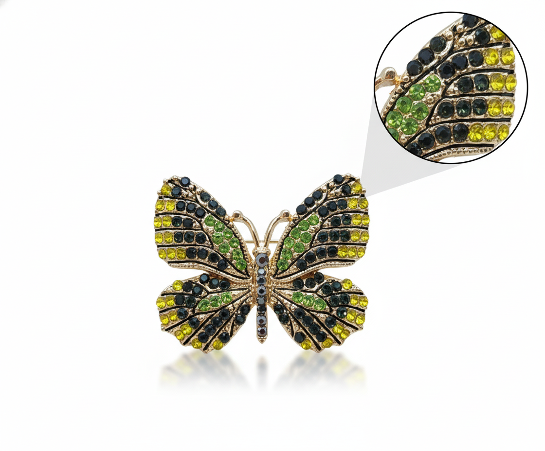 Green & Yellow Butterfly Brooch – Elegant Rhinestone Pin