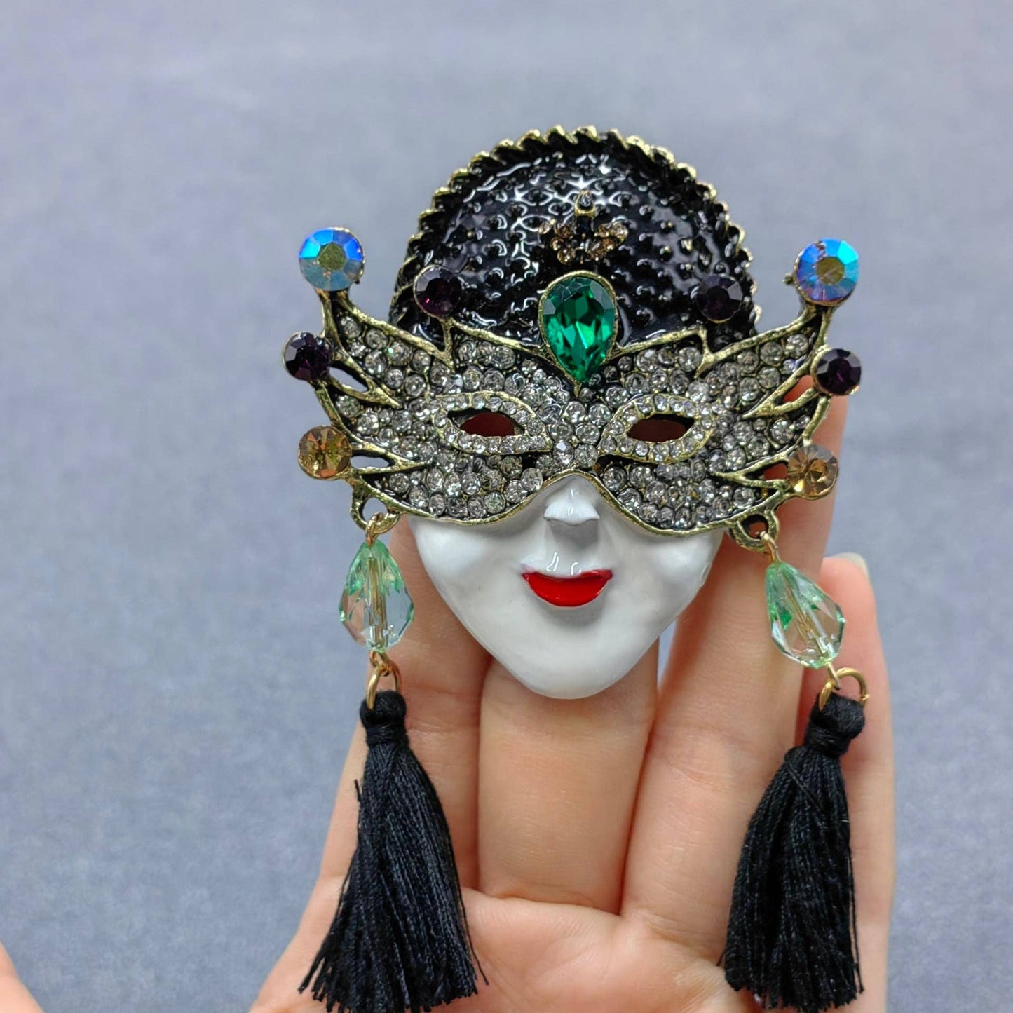 Rhinestone Enamel Queen Mask Brooch