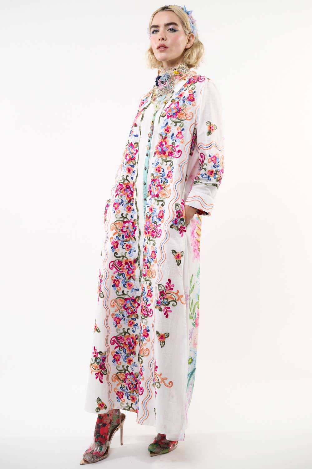 Beauty Mark Embroidered Maxi Duster / Shirt Dress : White /