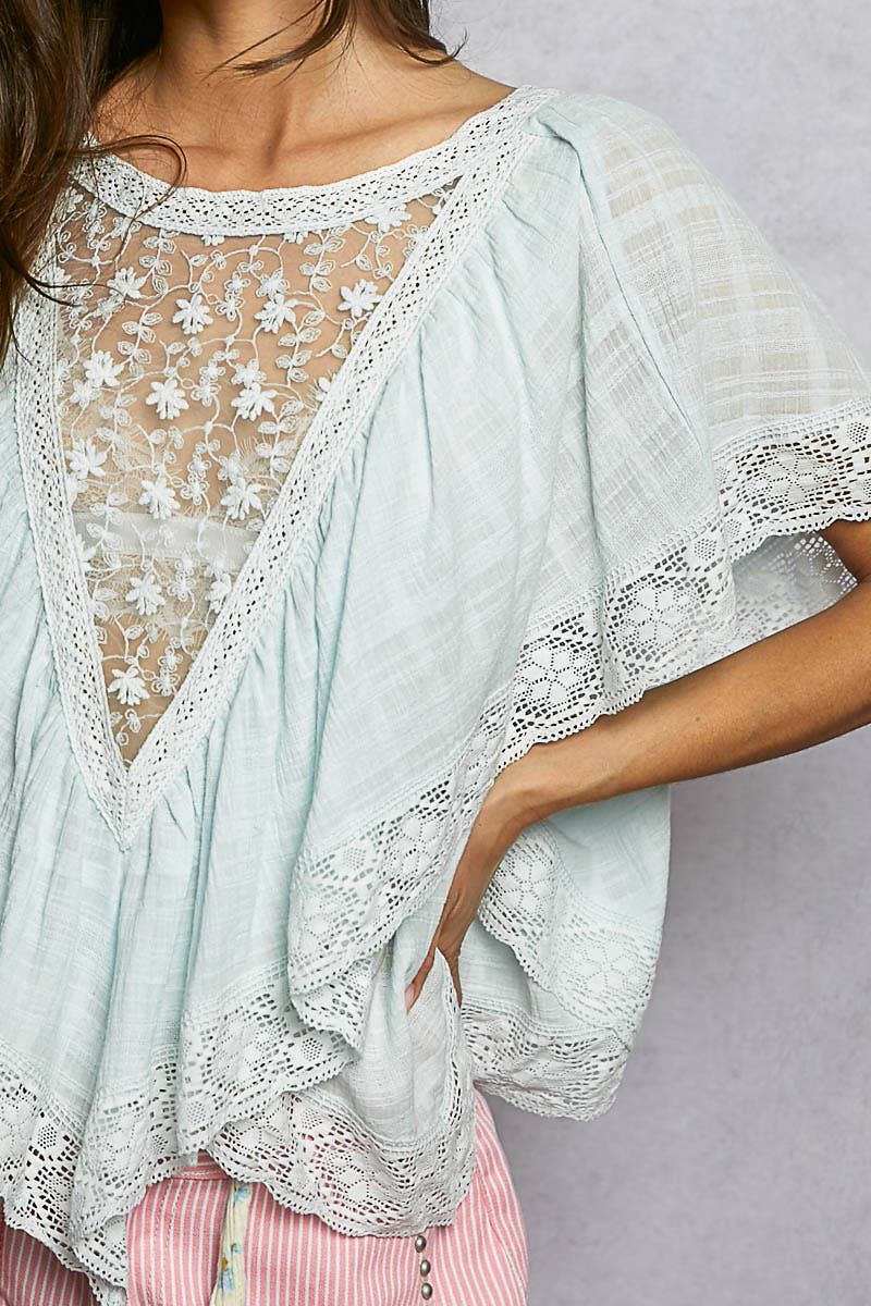 Lace Trim V Ruffle Detail Textured Woven Short Sleeve Top