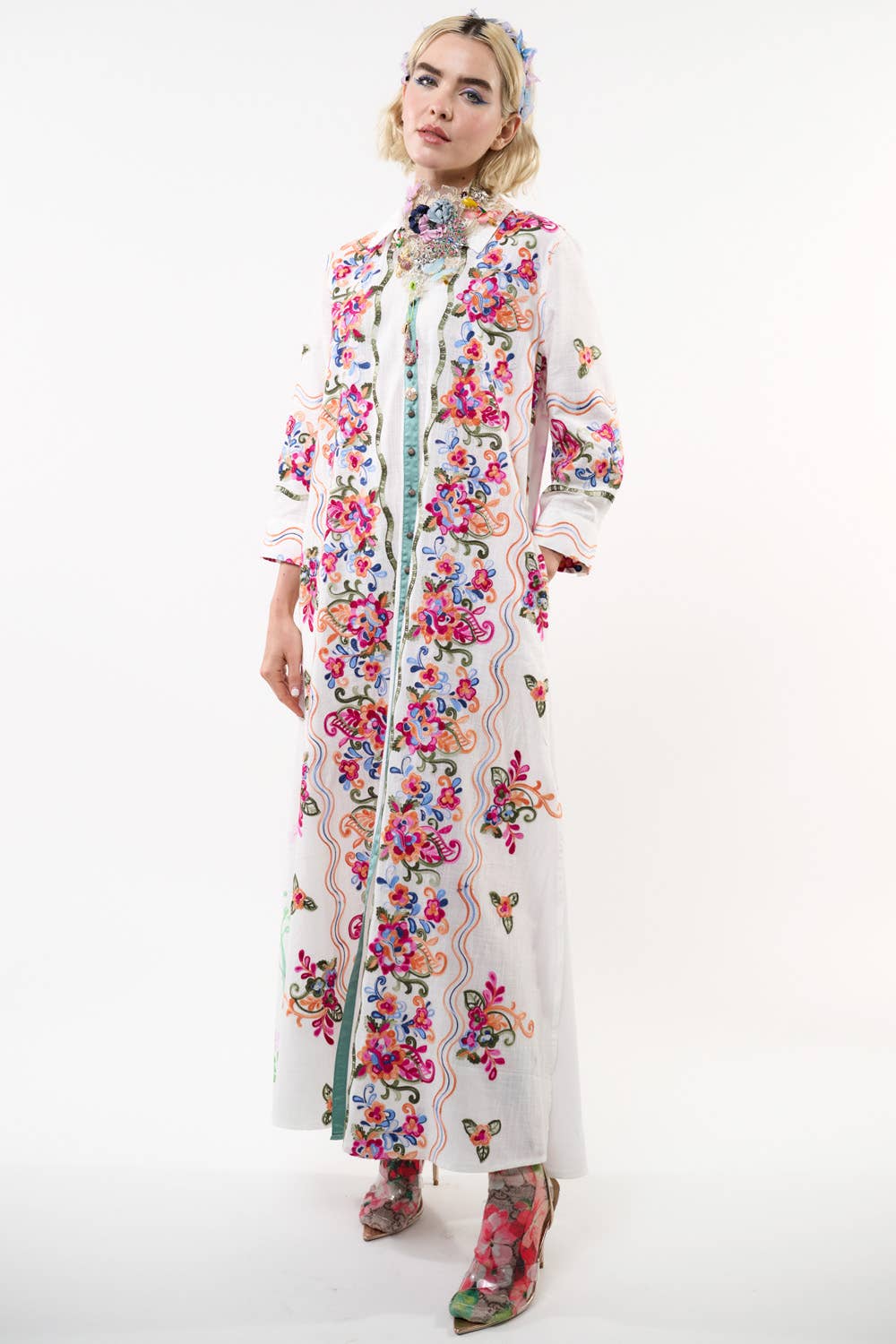 Beauty Mark Embroidered Maxi Duster / Shirt Dress : White /