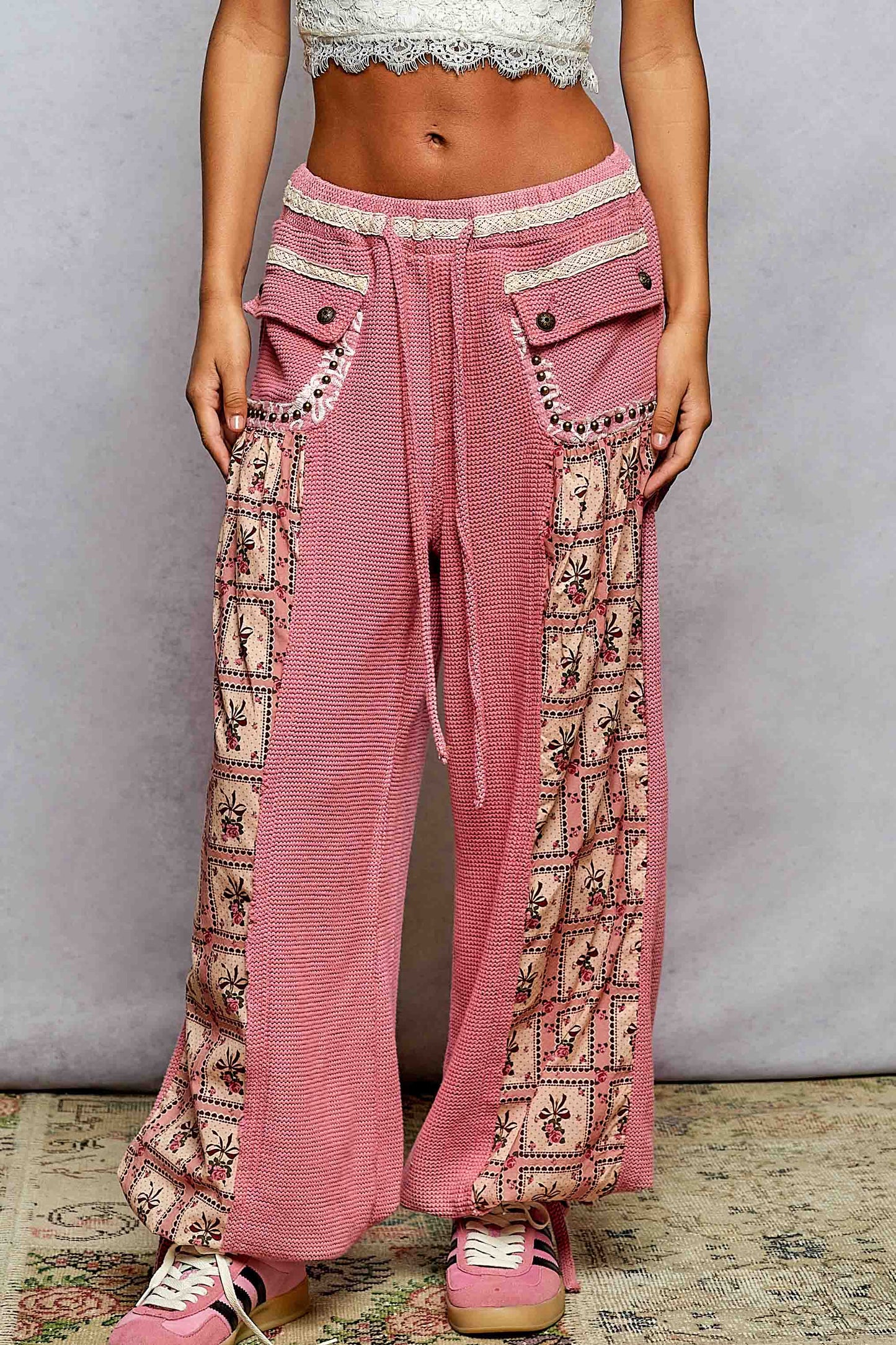 Elastic band floral print patch stud detail jogger pants: Pink or Sage