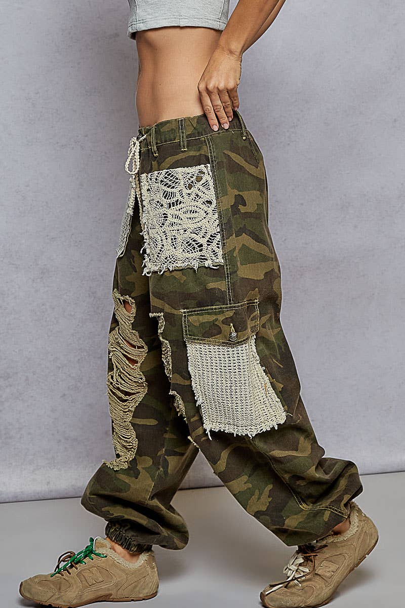 Vintage Wash Crochet Patches Distress Jogger Pants CAMO