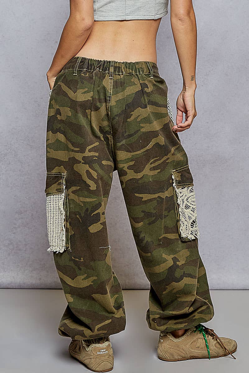 Vintage Wash Crochet Patches Distress Jogger Pants CAMO