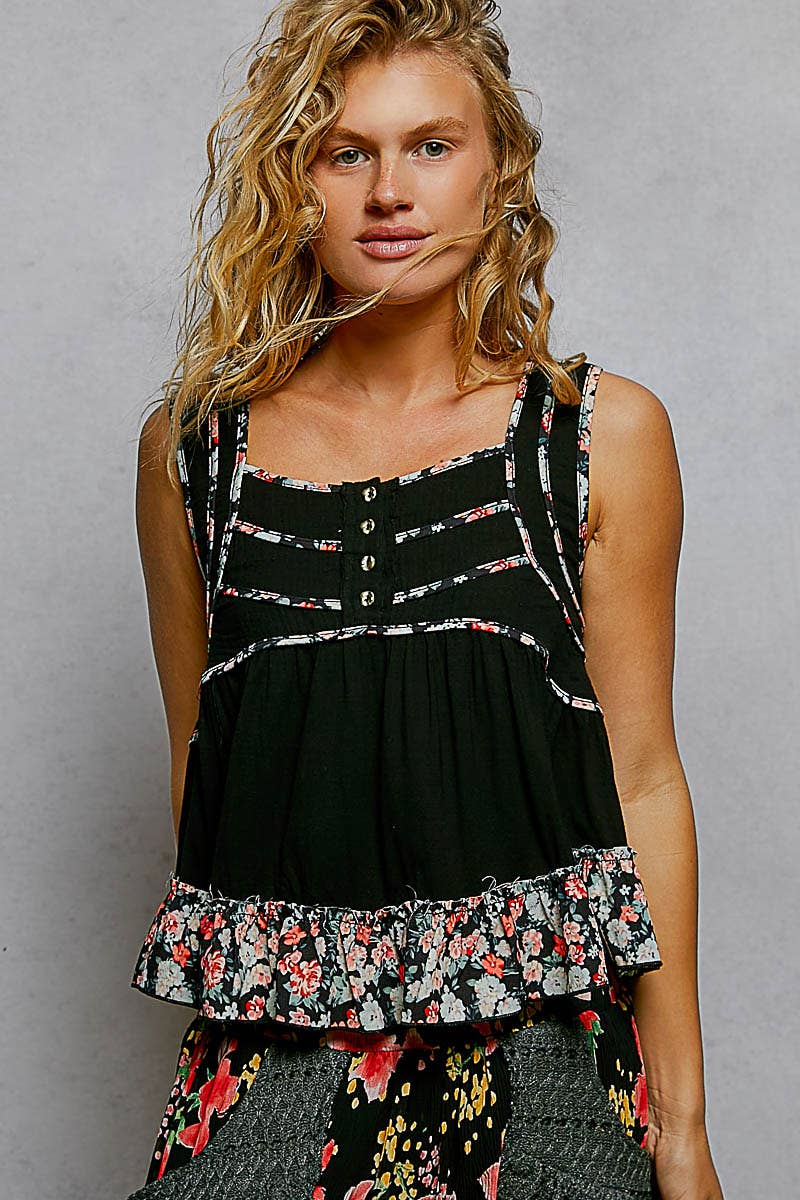 Square Neck Soft POL Jersey Floral Trim Boho Tank Top