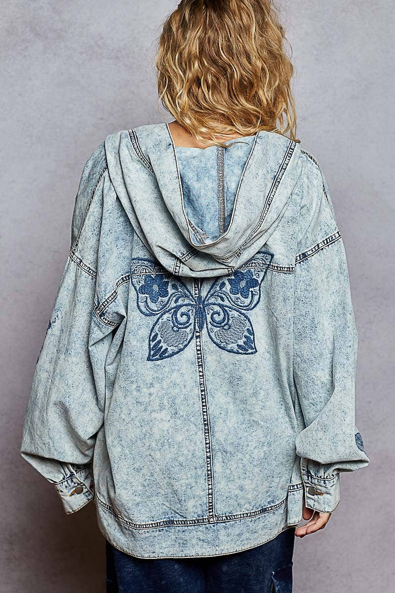 Vintage washing solid embroidery denim woven cardigan jacket