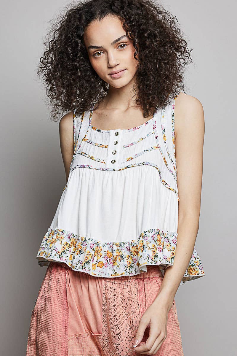 Square Neck Soft POL Jersey Floral Trim Boho Tank Top