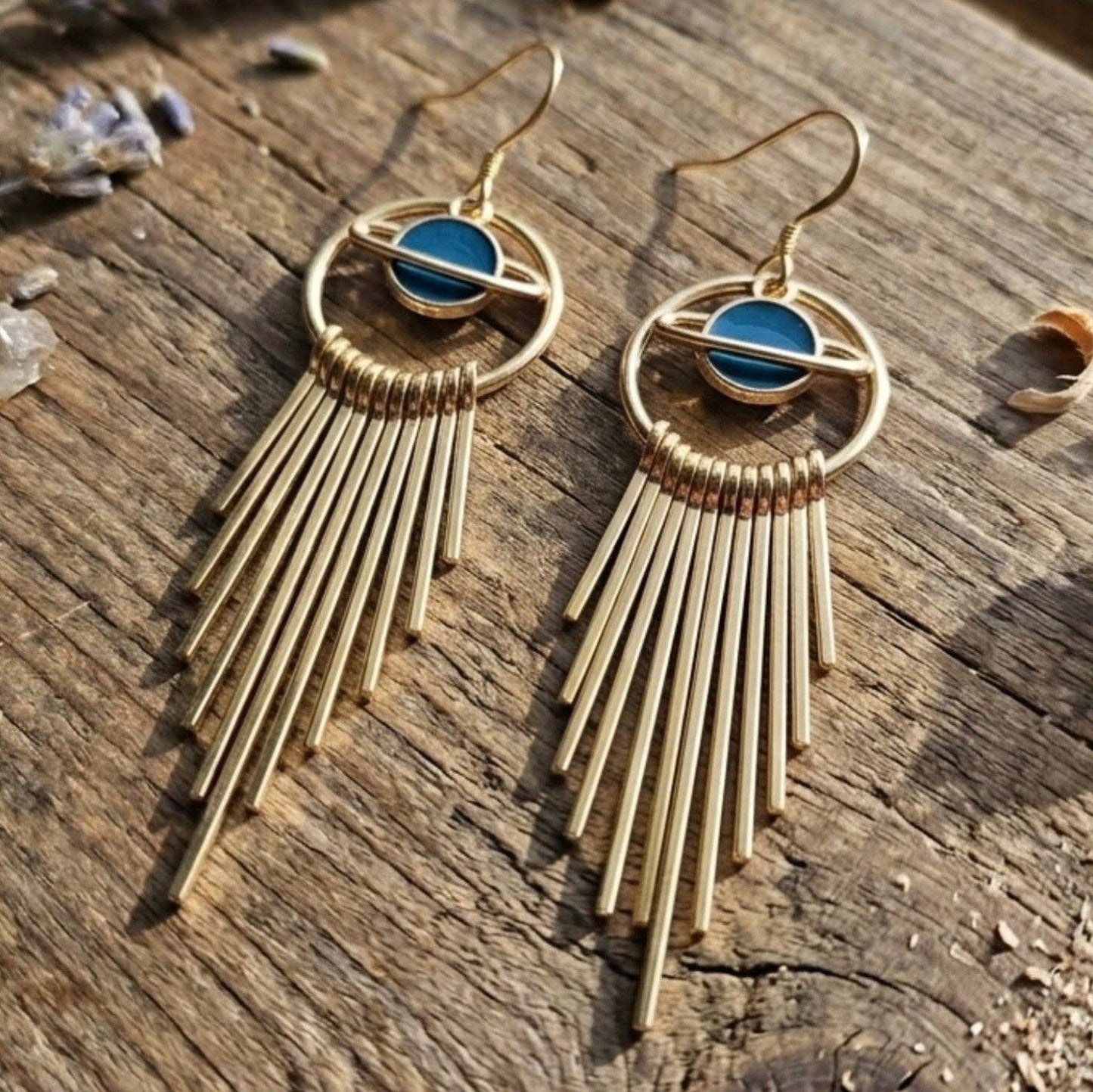 Gold Saturn Fringe Dangle Earrings - Boho Celestial Enamel Drop Earrings