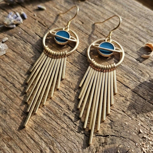 Gold Saturn Fringe Dangle Earrings - Boho Celestial Enamel Drop Earrings